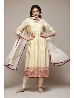 Biba - Women Beige Printed Anarkali Kurta with Churidar and Dupatta (Set of 3)