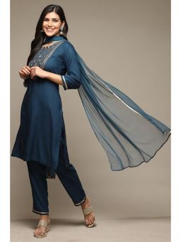 Biba - Women Teal Embroidered Kurta with Pant and Dupatta (Set of 3)