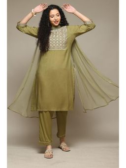 Biba - Women Green Embroidered Kurta with Pant and Dupatta (Set of 3)