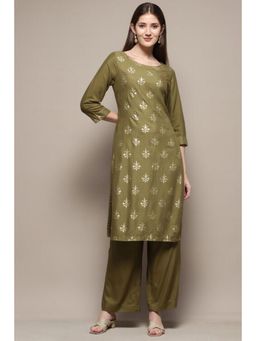 Biba - Women Olive Embroidered Kurta with Palazzo (Set of 2)