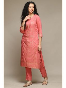 Biba - Women Coral Woven Kurta with Pant (Set of 2)