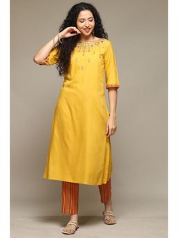 Biba - Women Yellow Floral Kurta with Pant (Set of 2)