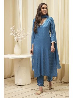 Biba - Women Blue Woven Kurta with Pant and Dupatta (Set of 3)