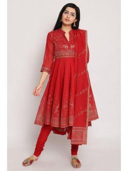 Biba - Women Red Woven Anarkali Kurta with Churidar and Dupatta (Set of 3)