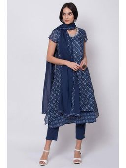 Biba - Women Navy Blue Printed Kurta with Inner, Pant and Dupatta (Set of 4)