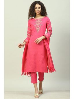 Biba - Women Pink Embroidered Kurta with Pant and Dupatta (Set of 3)