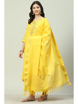 Biba - Women Yellow Embroidered Kurta with Pant and Dupatta (Set of 3)
