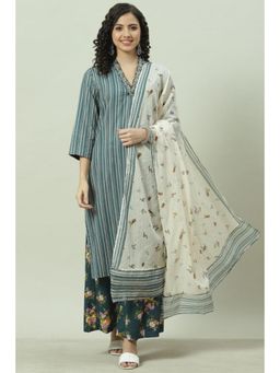 Biba - Women Green Stripes Kurta with Palazzo and Dupatta (Set of 3)