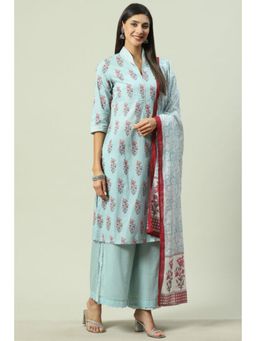 Biba - Women Blue Floral Kurta with Palazzo and Dupatta (Set of 3)