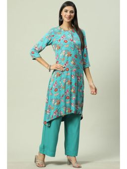 Biba - Women Turquoise Floral Kurta with Palazzo (Set of 2)