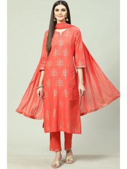Biba - Women Coral Woven Kurta with Pant and Dupatta (Set of 3)