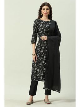 Biba - Women Black Floral Kurta with Pant and Dupatta (Set of 3)