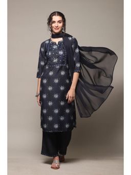 Biba - Women Navy Blue Printed Kurta with Palazzo and Dupatta (Set of 3)