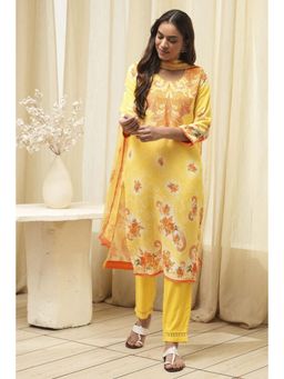 Biba - Women Yellow Printed Kurta with Pant and Dupatta (Set of 3)