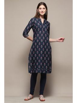 Biba - Women Navy Blue Floral Kurta with Churidar (Set of 2)