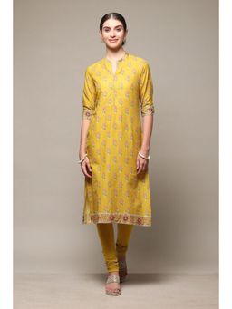 Biba - Women Yellow Floral Kurta with Churidar (Set of 2)