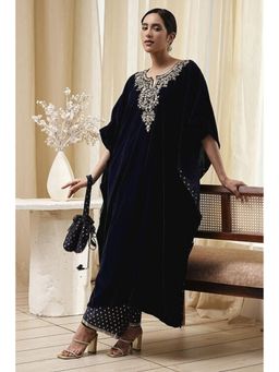 Biba - Women Navy Blue Embroidered Kaftan with Palazzo (Set of 2)