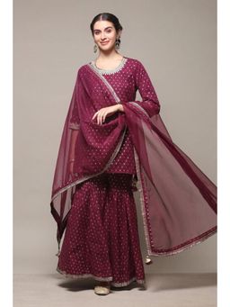 Biba - Women Maroon Embroidered Kurta with Sharara and Dupatta (Set of 3)