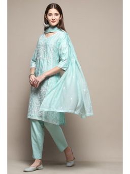 Biba - Women Blue Embroidered Kurta with Pant and Dupatta (Set of 3)