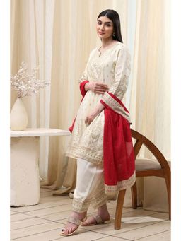 Biba - Women Off White Floral Kurta with Salwar and Dupatta (Set of 3)
