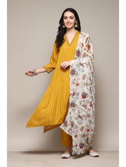 Biba - Women Yellow Embroidered Kurta with Pant and Dupatta (Set of 3)