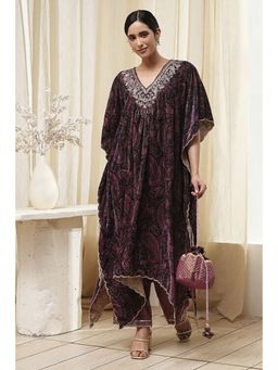 Biba - Women Purple Embroidered Kaftan with Palazzo (Set of 2)