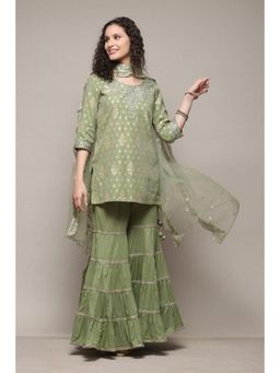 Biba - Women Green Embroidered Kurta with Sharara and Dupatta (Set of 3)