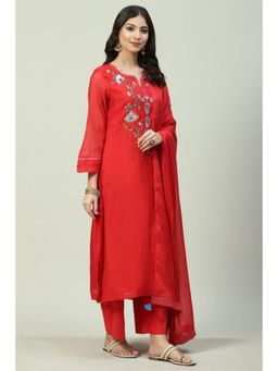 Biba - Women Red Floral Kurta with Palazzo and Dupatta (Set of 3)