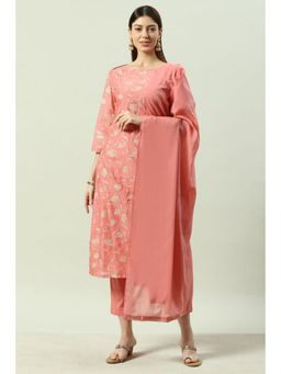 Biba - Women Coral Woven Kurta with Pant and Dupatta (Set of 3)