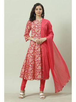 Biba - Women Red Printed Kurta with Churidar and Dupatta (Set of 3)