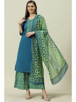 Biba - Women Blue Embroidered Kurta with Palazzo and Dupatta (Set of 3)