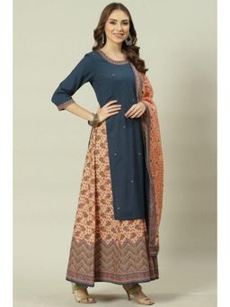 Biba - Women Blue Embroidered Kurta with Palazzo and Dupatta (Set of 3)