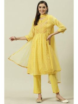 Biba - Women Yellow Embroidered Kurta with Pant and Dupatta (Set of 3)