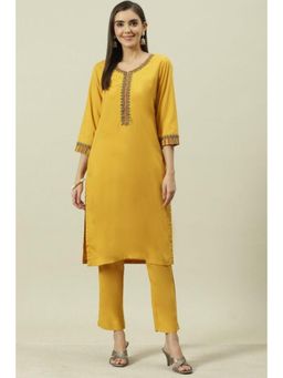 Biba - Women Yellow Embroidered Kurta with Pant (Set of 2)
