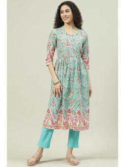 Biba - Women Turquoise Floral Kurta with Pant (Set of 2)