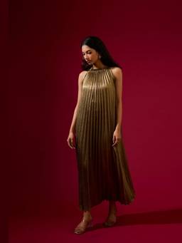 O-PAP STYLE - Gold Luna Metallic Pleated Dress