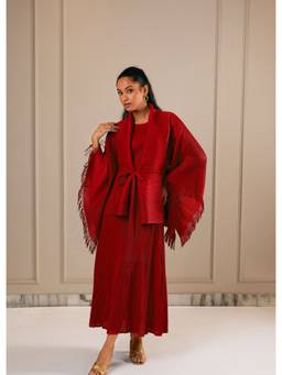 O-PAP STYLE - Red Juno Midi Dress with Fringe Cape