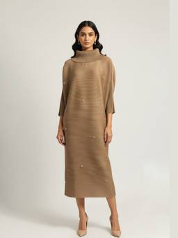 O-PAP STYLE - Brown Cowl Stone Broach Midi Dress