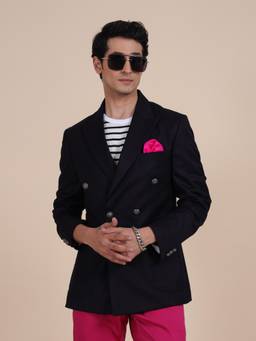 R R Blue - Navy Blue Double Breasted Blazer