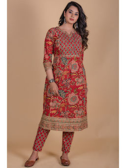 NAVYAS FASHION - Carmine Red Floral Block Printed Kurta (Set of 2)
