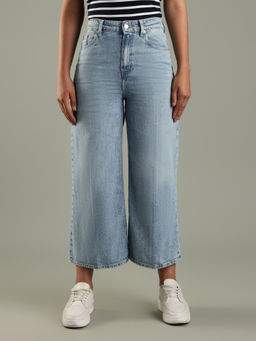 Tommy Hilfiger - Women Blue Cotton Wide Mid Waist Jeans