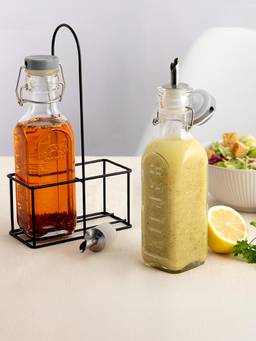 Kilner - Glass Oil & Vinegar Bottles Set with Metal Rack (Pack of 2)