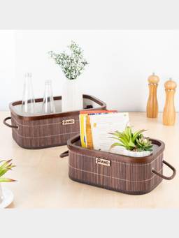 PANO - Oval Rattan Storage Basket - Brown (Set of 2)