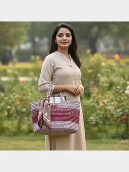 PANO - Braided Floris Tote Storage Basket - Beige and Maroon