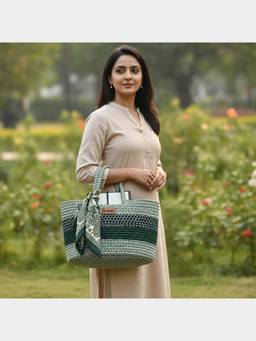 PANO - Braided Floris Tote Storage Basket - Beige and Green