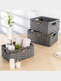 PANO - Stackable Wicker Storage Basket - Grey (Set of 3)