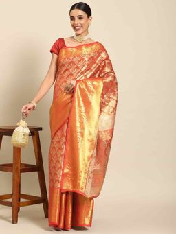 Silk Land - Womens Brocade Soft Silk Red Zari Woven Saree with Unstitched Blouse