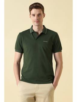 Allen Solly - Green Cotton Blend Half Sleeves Collar Neck Textured Polo T-Shirt
