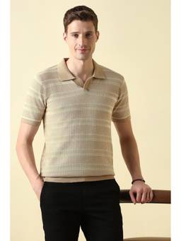 Allen Solly - Beige Cotton Half Sleeves Collar Neck Stripes Polo T-Shirt