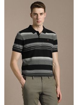Louis Philippe - Black Cotton Blend Half Sleeves Collar Neck Stripes Polo T-Shirt